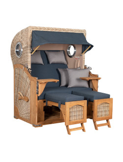 Strandkorb Schilksee, 2-Sitzer, Voll-Lieger, petrol-blau, mit ausgezogenen Fußstützen